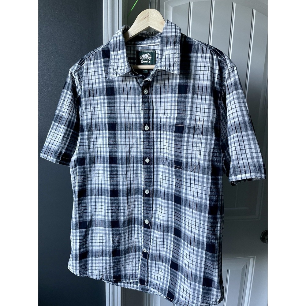 Roots Canada Men's M Black Gray White Plaid Cotton Short Sleeve Button-Up Shirt